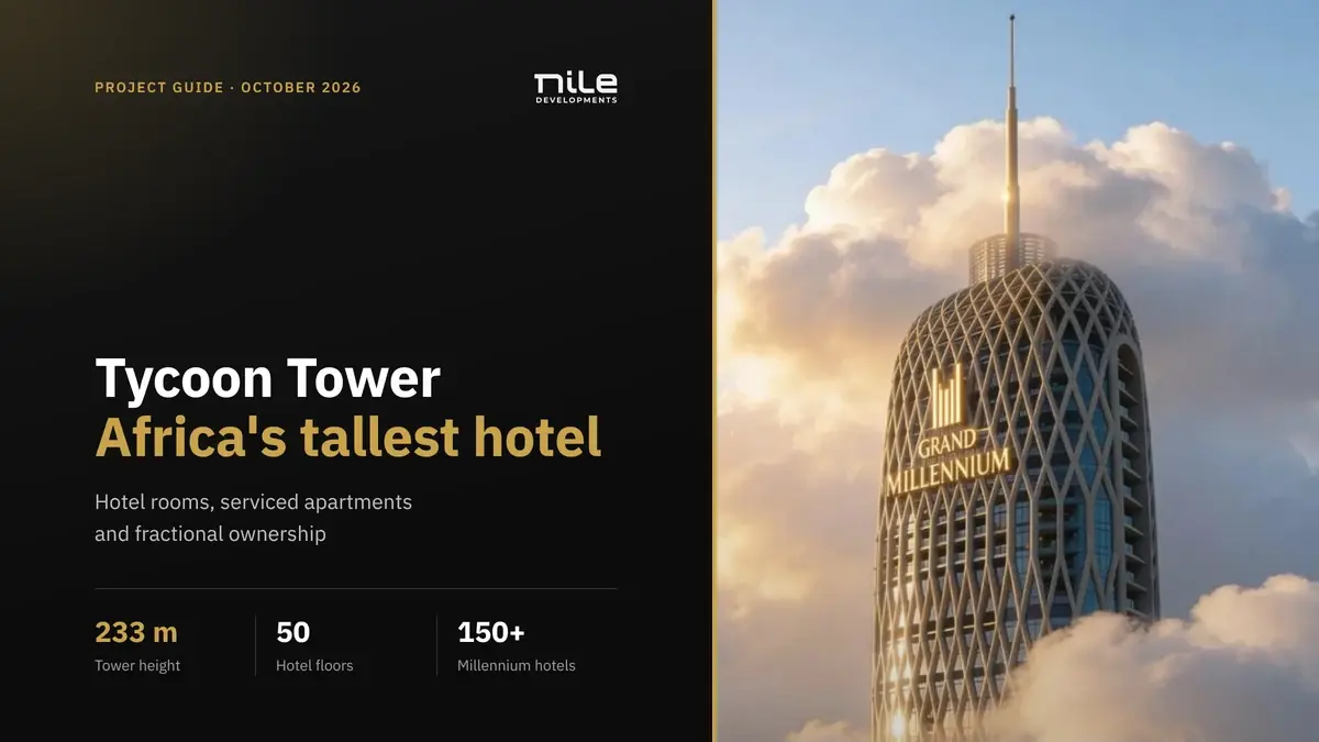 Tycoon Tower crowned by the Grand Millennium sign above the clouds, Africa’s tallest hotel